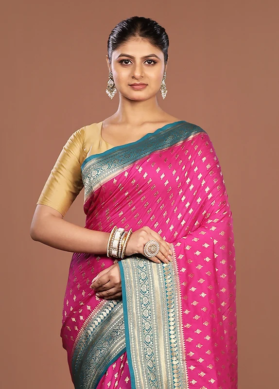 Pink Dupion Silk Saree With Blouse Piece One Size