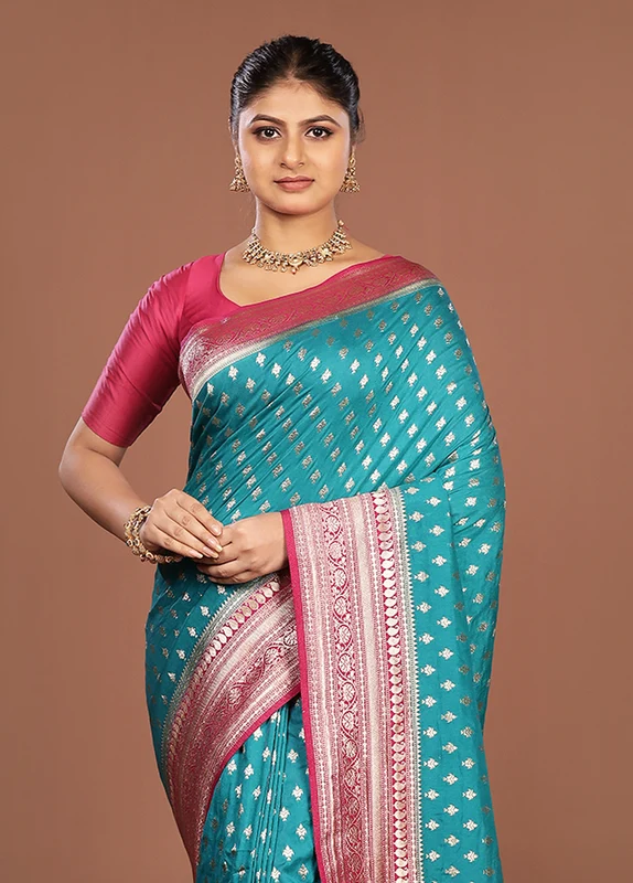 Green Dupion Silk Saree With Blouse Piece One Size