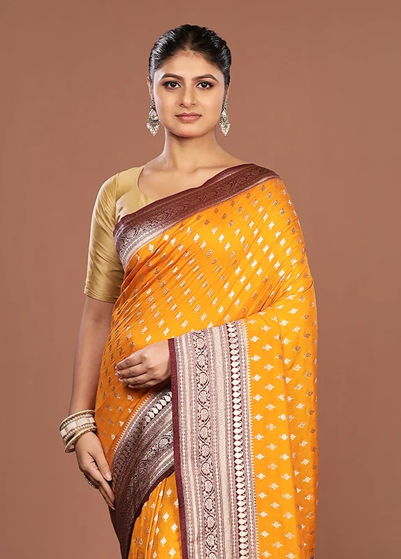 Yellow Dupion Silk Saree With Blouse Piece One Size