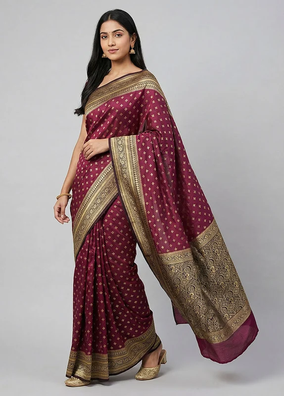 Purple Dupion Silk Saree With Blouse Piece One Size