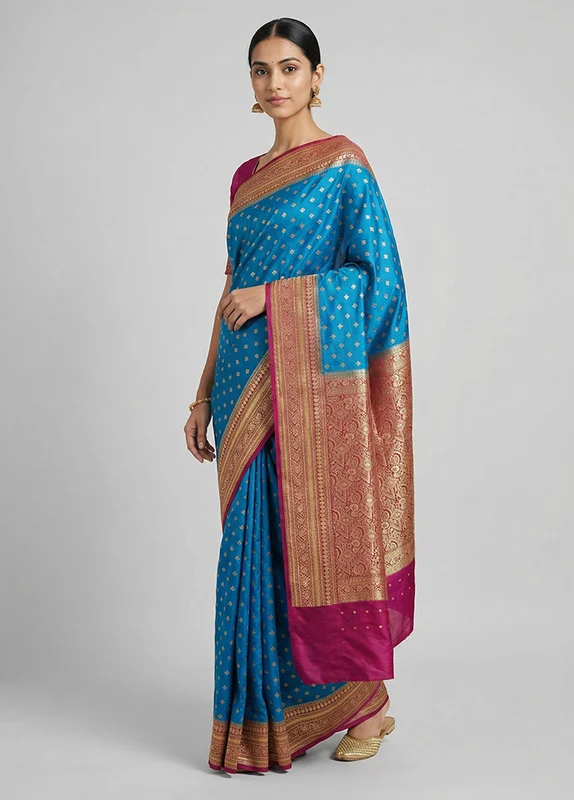 Blue Dupion Silk Saree With Blouse Piece One Size