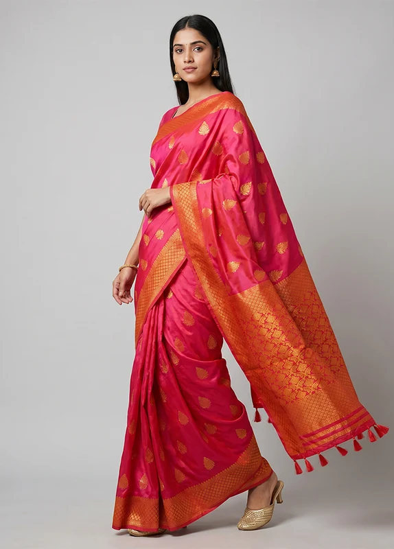 Pink Assam Silk Saree With Blouse Piece One Size