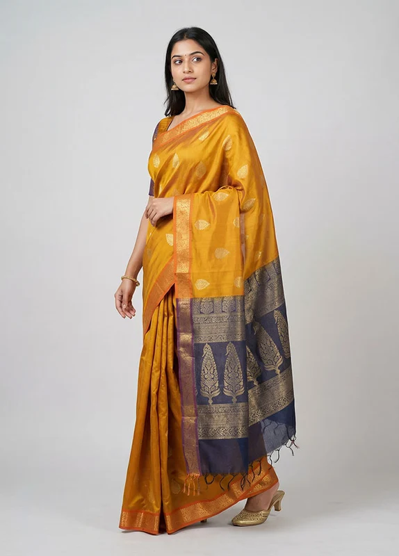 Orange Cotton Saree With Blouse Piece One Size