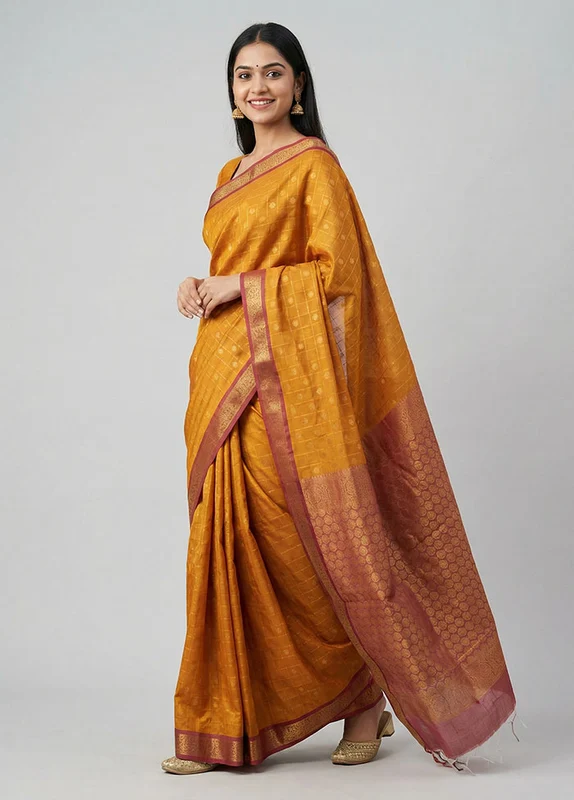 Yellow Kora Silk Saree With Blouse Piece One Size