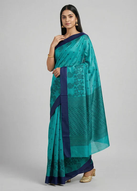 Blue Cotton Saree With Blouse Piece One Size