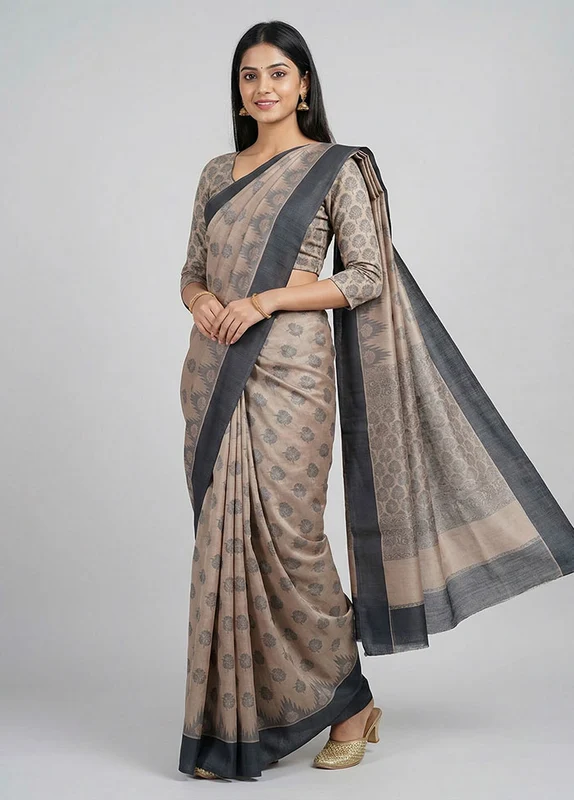 Cream Cotton Saree With Blouse Piece One Size