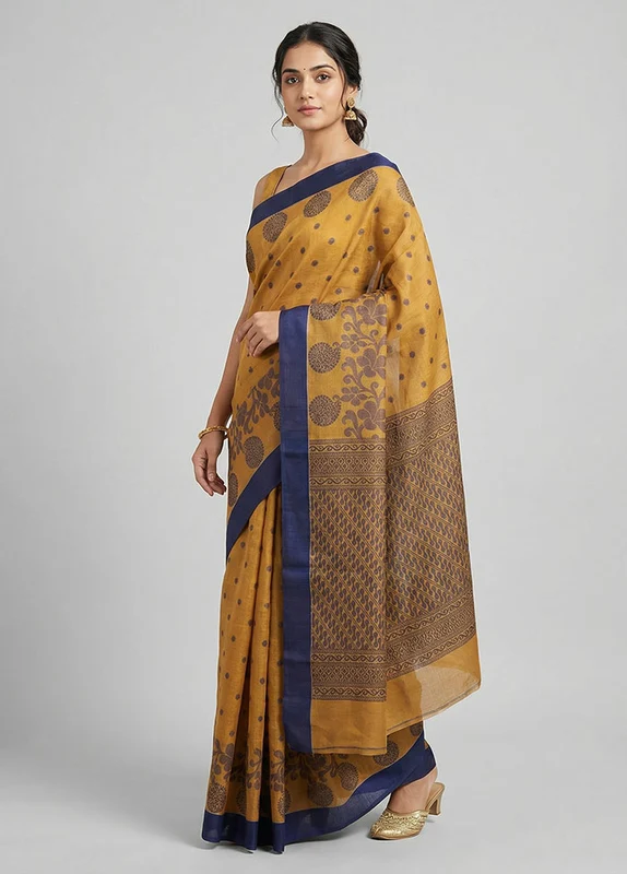 Cream Cotton Saree With Blouse Piece One Size