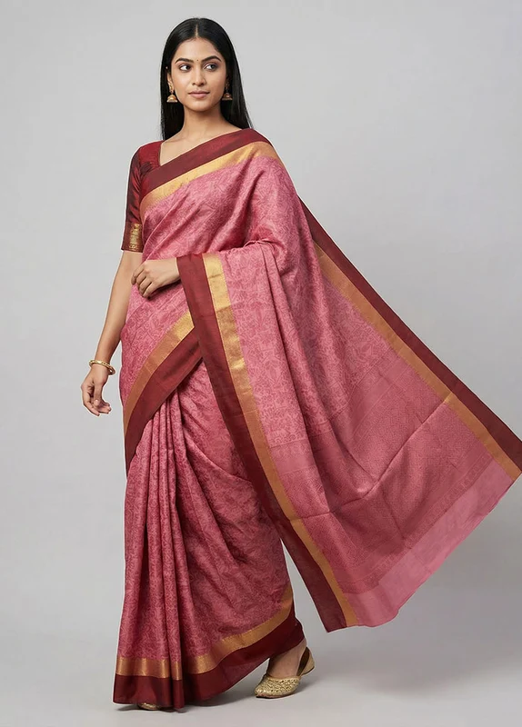 Pink Cotton Saree With Blouse Piece One Size