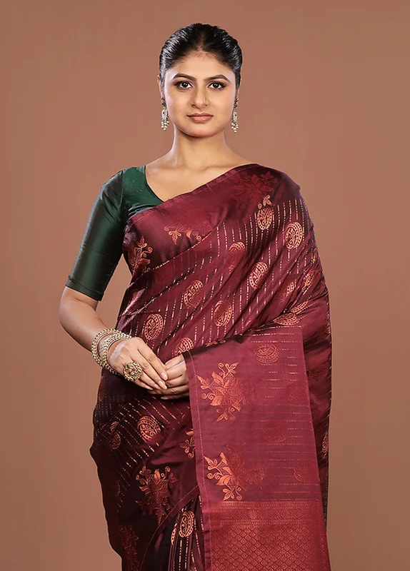 Maroon Kanjivaram Silk Saree With Blouse Piece One Size