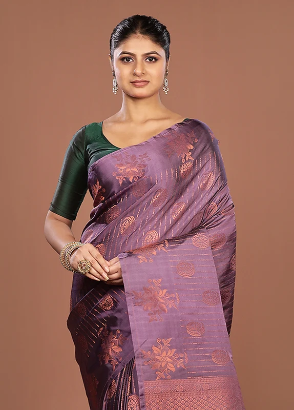 Purple Kanjivaram Silk Saree With Blouse Piece One Size