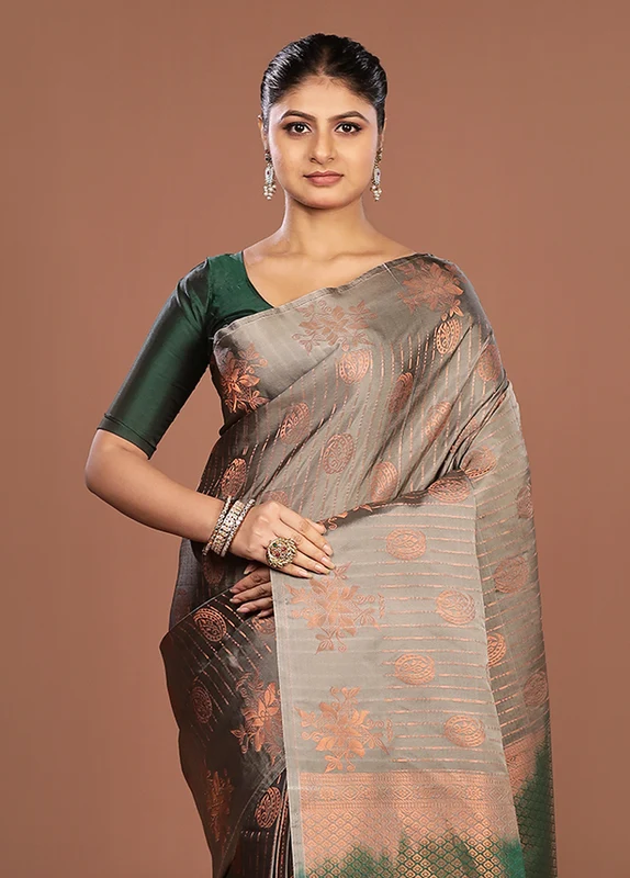 Grey Kanjivaram Silk Saree With Blouse Piece One Size
