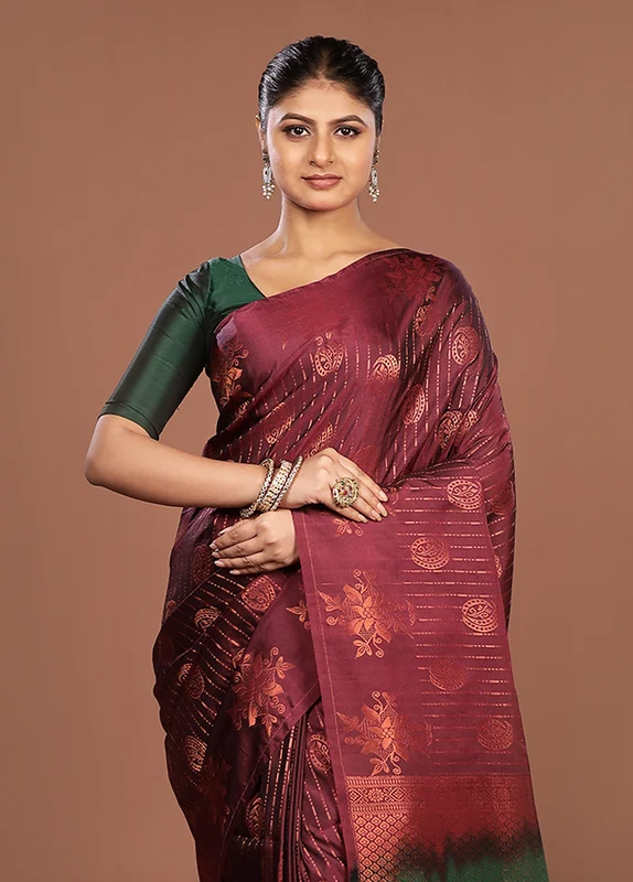 Maroon Kanjivaram Silk Saree With Blouse Piece One Size