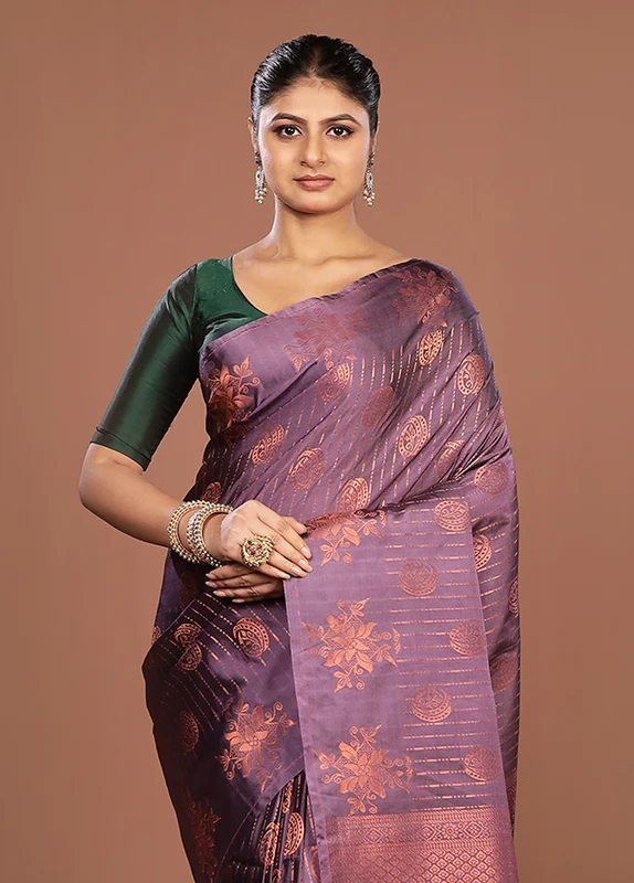 Purple Kanjivaram Silk Saree With Blouse Piece One Size