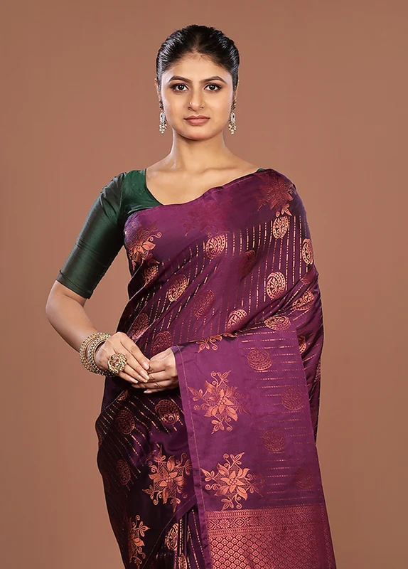 Purple Kanjivaram Silk Saree With Blouse Piece One Size