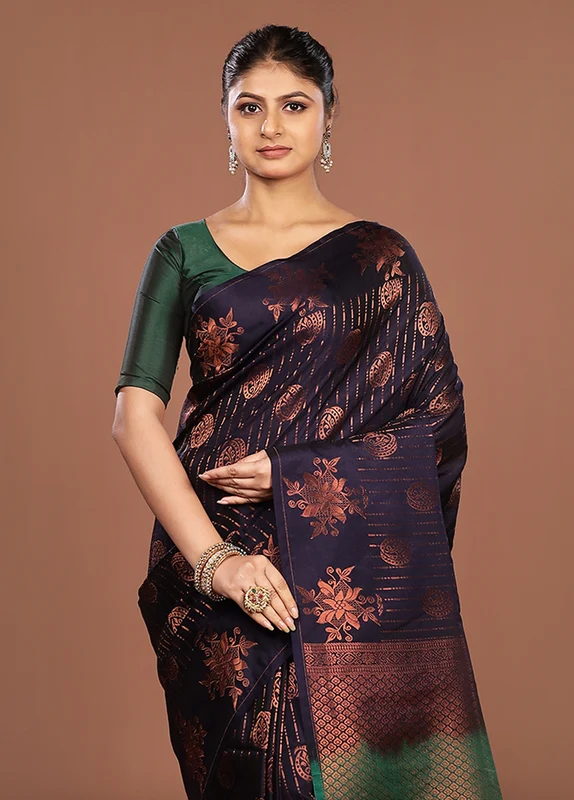 Blue Kanjivaram Silk Saree With Blouse Piece One Size