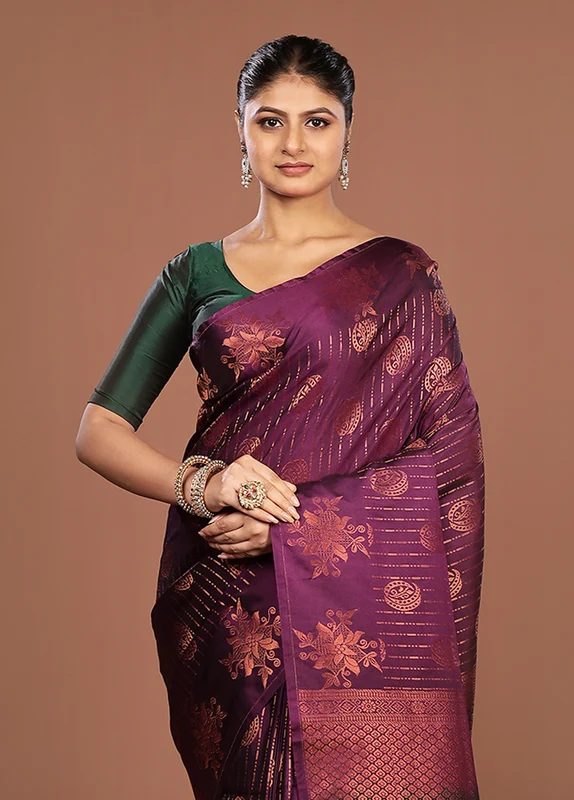Purple Kanjivaram Silk Saree With Blouse Piece One Size