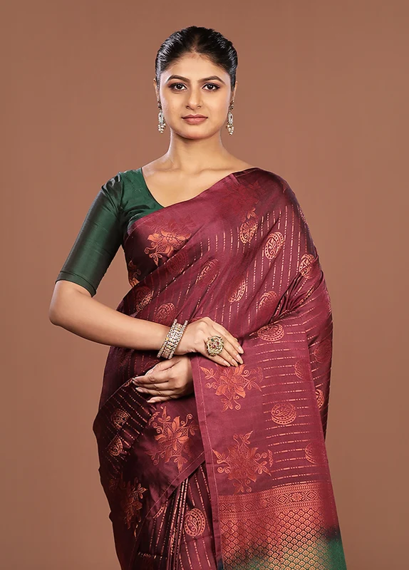 Maroon Kanjivaram Silk Saree With Blouse Piece One Size