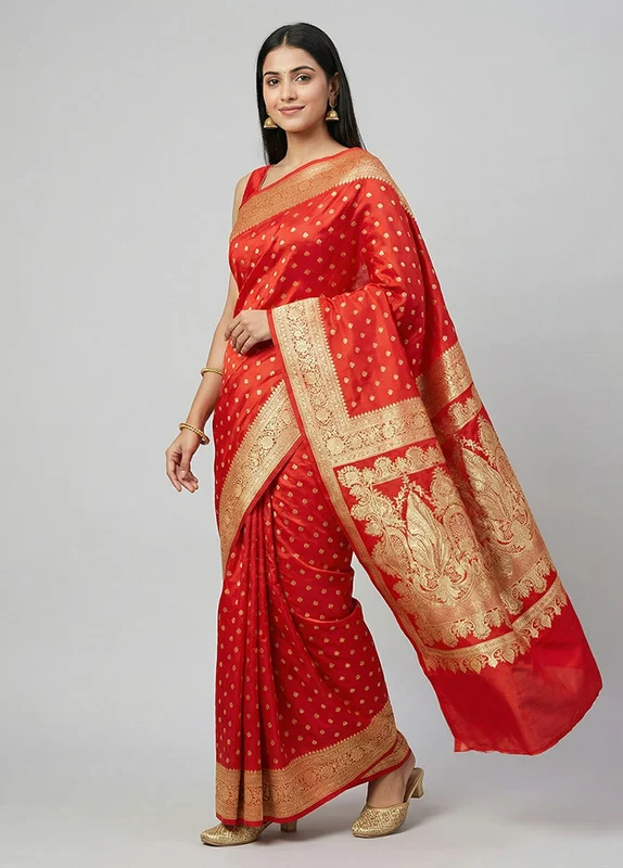 Red Banarasi Silk Saree With Blouse Piece One Size