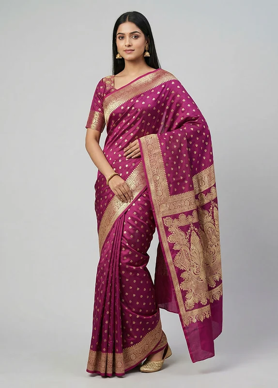 Purple Banarasi Silk Saree With Blouse Piece One Size