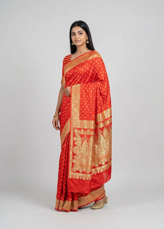 Orange Banarasi Silk Saree With Blouse Piece One Size