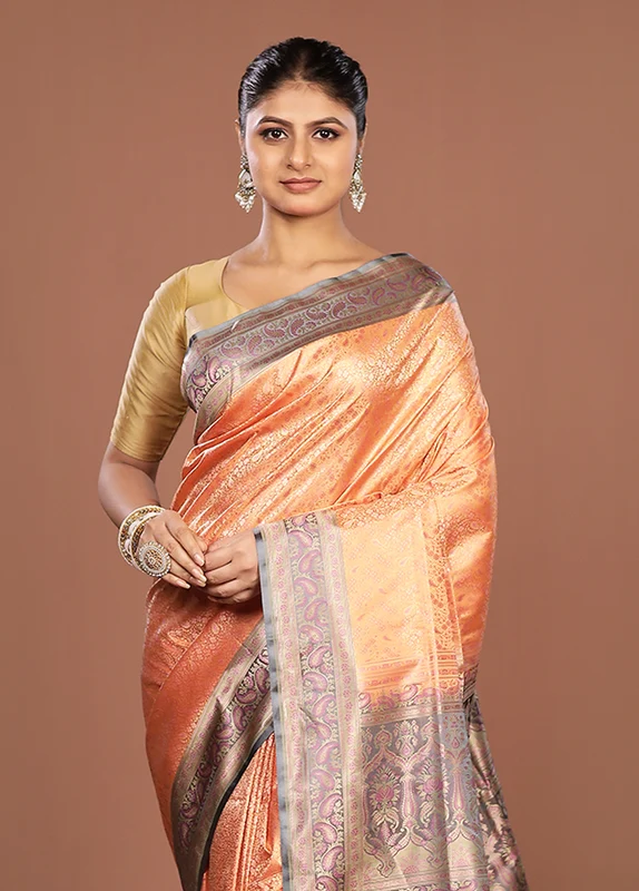 Pink Jamewar Silk Saree With Blouse Piece One Size