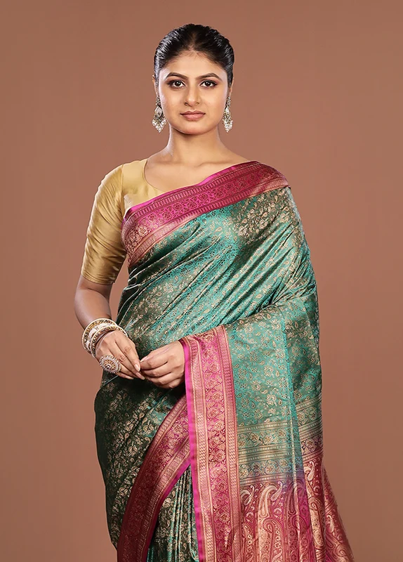 Green Jamewar Silk Saree With Blouse Piece One Size