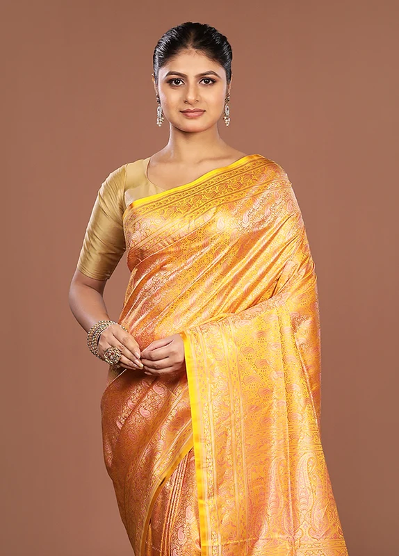 Yellow Jamewar Silk Saree With Blouse Piece One Size