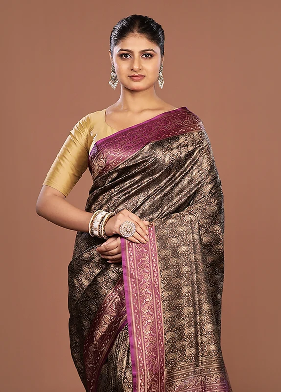 Black Jamewar Silk Saree With Blouse Piece One Size