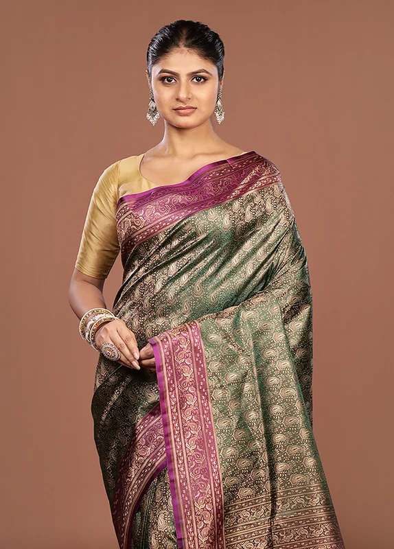 Green Jamewar Silk Saree With Blouse Piece One Size