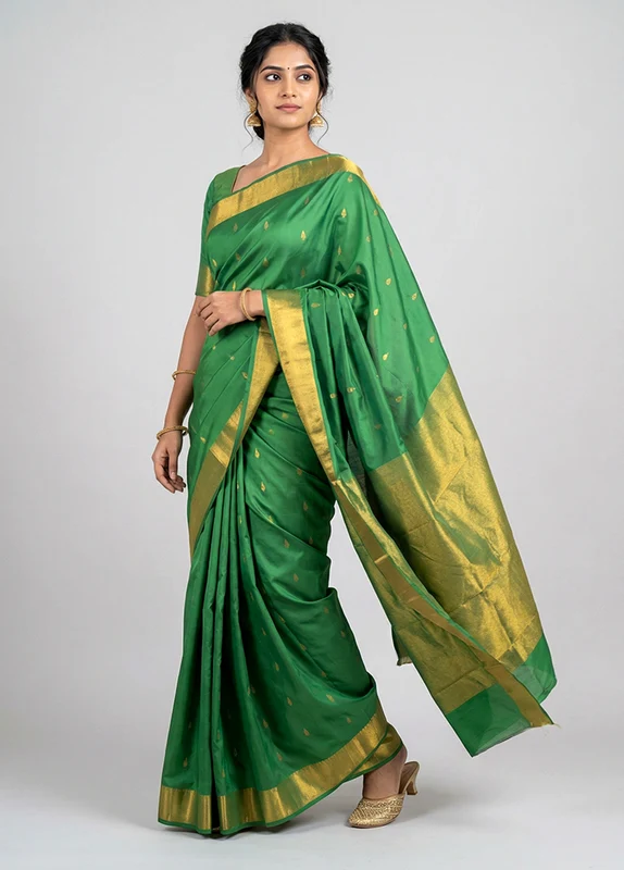 Green Kanjivaram Silk Saree With Blouse Piece One Size