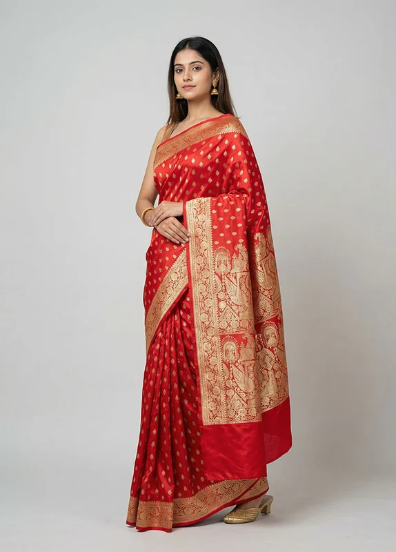 Red Banarasi Silk Saree With Blouse Piece One Size