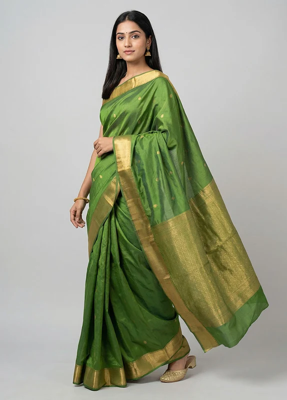 Green Kanjivaram Silk Saree With Blouse Piece One Size
