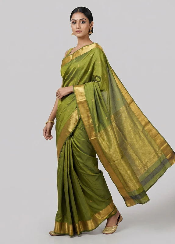 Green Kanjivaram Silk Saree With Blouse Piece One Size