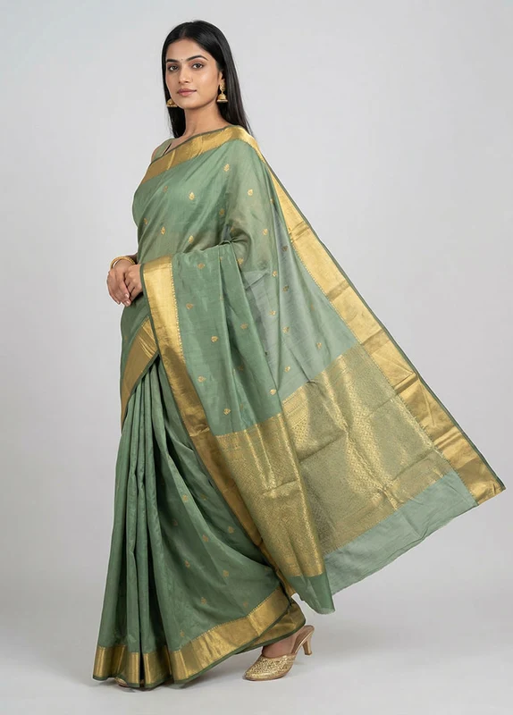 Green Kanjivaram Silk Saree With Blouse Piece One Size
