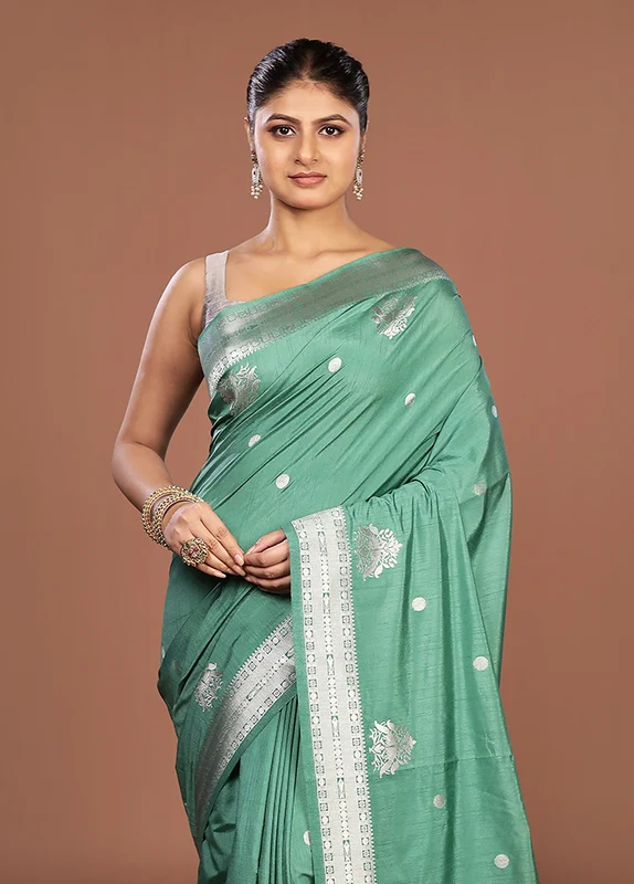 Green Dupion Silk Saree With Blouse Piece One Size
