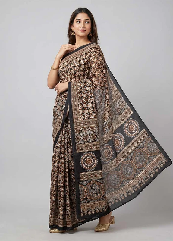 Black Modal Silk Saree Without Blouse Piece One Size