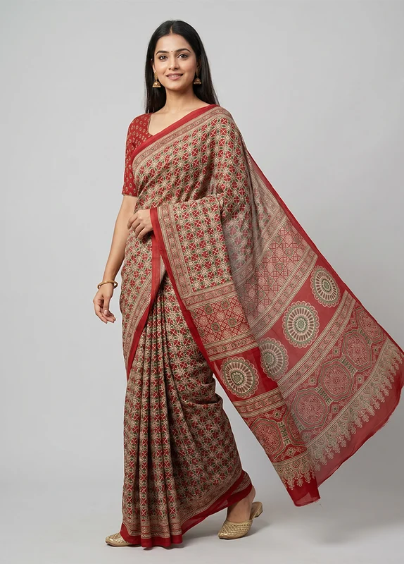 Red Modal Silk Saree Without Blouse Piece One Size