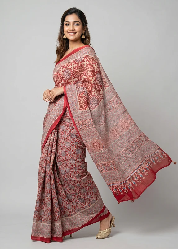 Red Modal Silk Saree Without Blouse Piece One Size