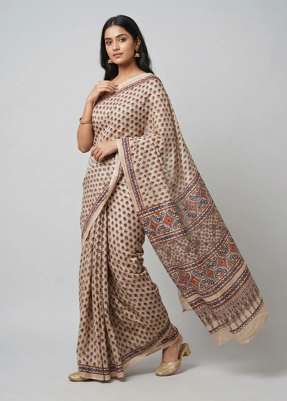 Cream Modal Silk Saree Without Blouse Piece One Size
