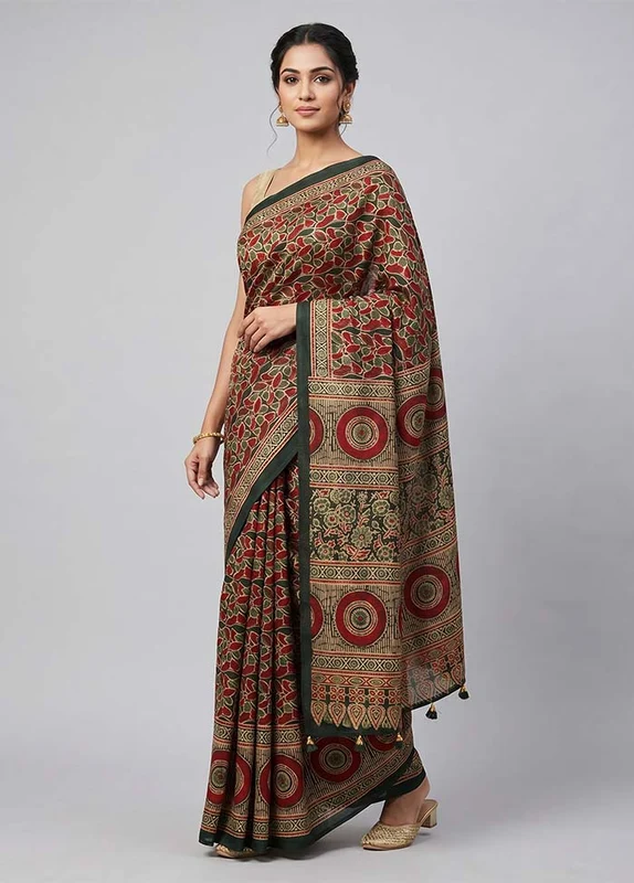 Green Modal Silk Saree Without Blouse Piece One Size