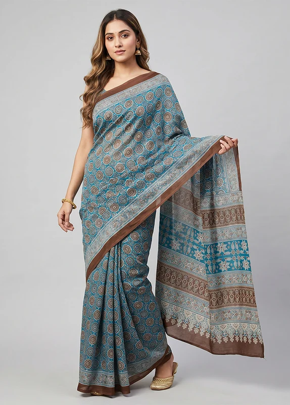 Blue Modal Silk Saree Without Blouse Piece One Size