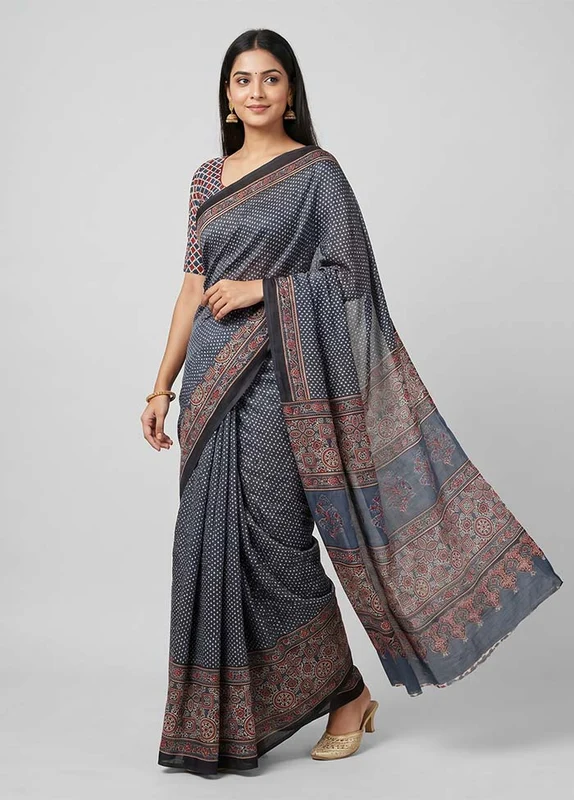 Grey Modal Silk Saree Without Blouse Piece One Size