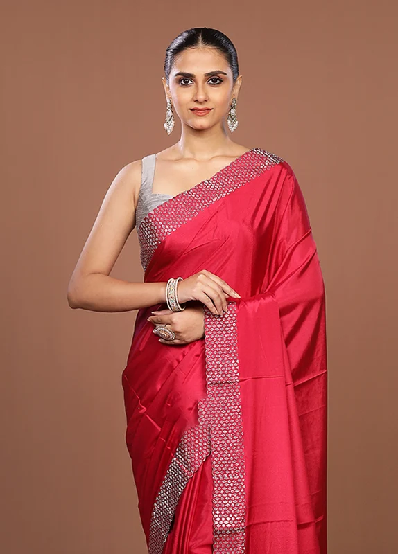 Pink Chiffon Silk Saree With Blouse Piece One Size