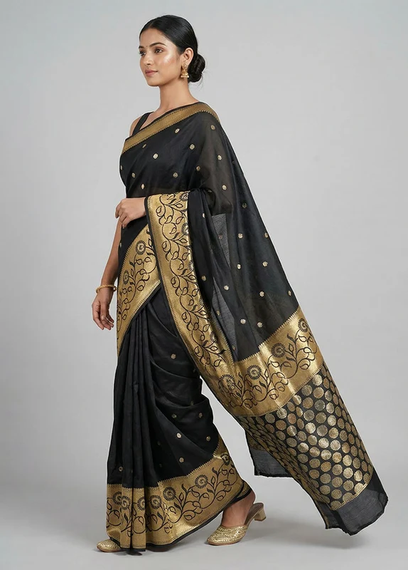 Black Dupion Silk Saree With Blouse Piece One Size
