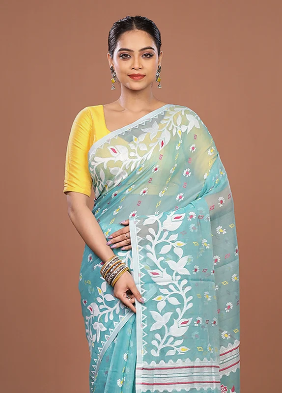 Green Jamdani Cotton Saree Without Blouse Piece One Size