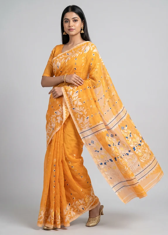 Orange Jamdani Cotton Saree Without Blouse Piece One Size