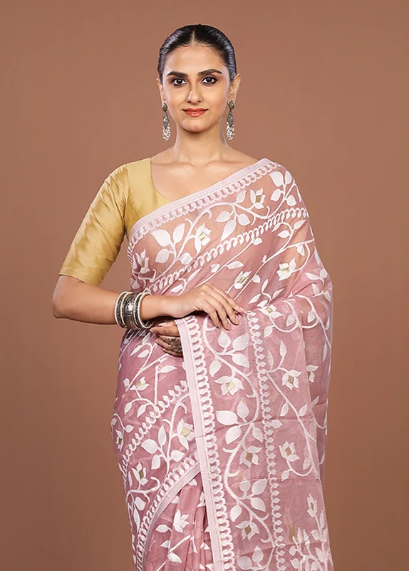 Pink Jamdani Cotton Saree Without Blouse Piece One Size