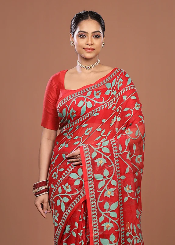 Red Jamdani Cotton Saree Without Blouse Piece One Size