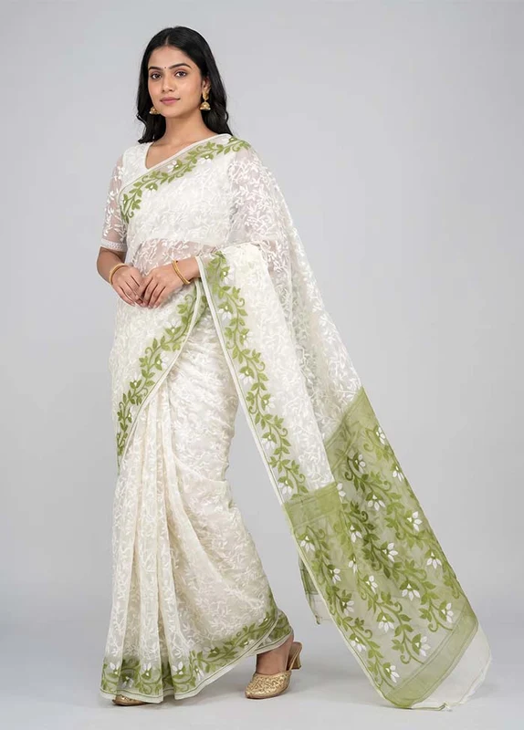 Green Jamdani Cotton Saree Without Blouse Piece One Size