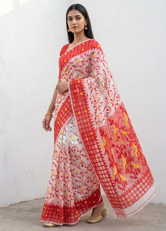 Red Jamdani Cotton Saree Without Blouse Piece One Size